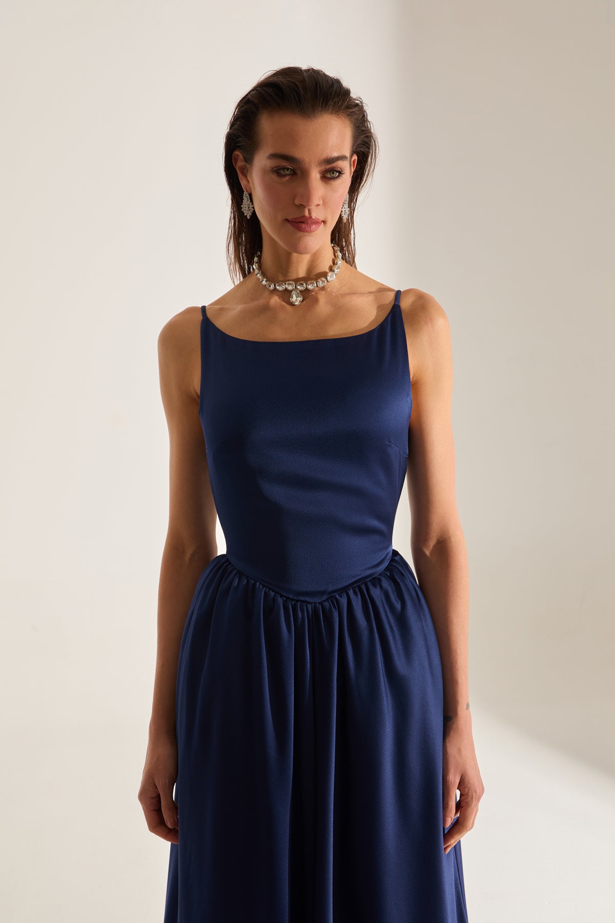 Heaven Pleated Skirt Strap Dark Blue Engagement Dress