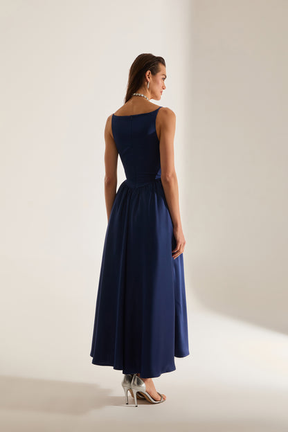 Heaven Pleated Skirt Strap Dark Blue Engagement Dress