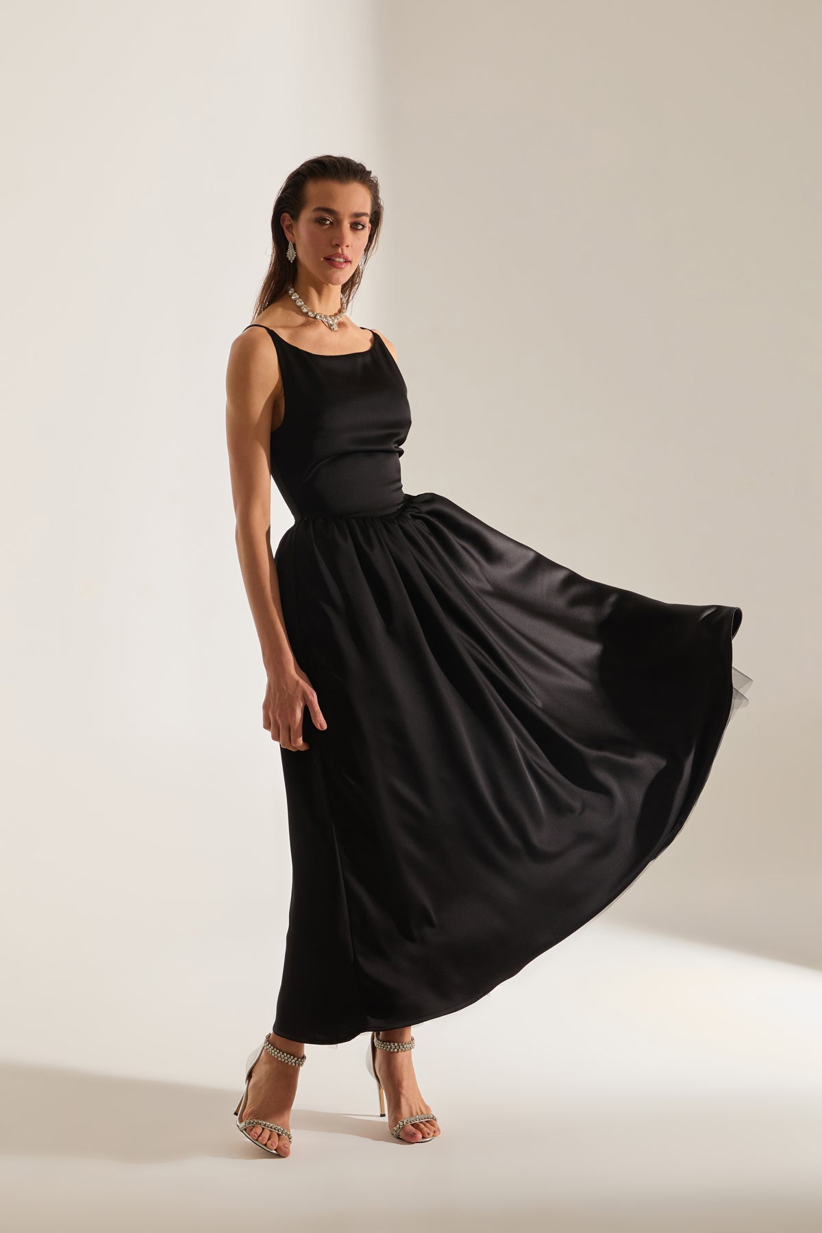 Heaven Pleated Skirt Strap Black Engagement Dress