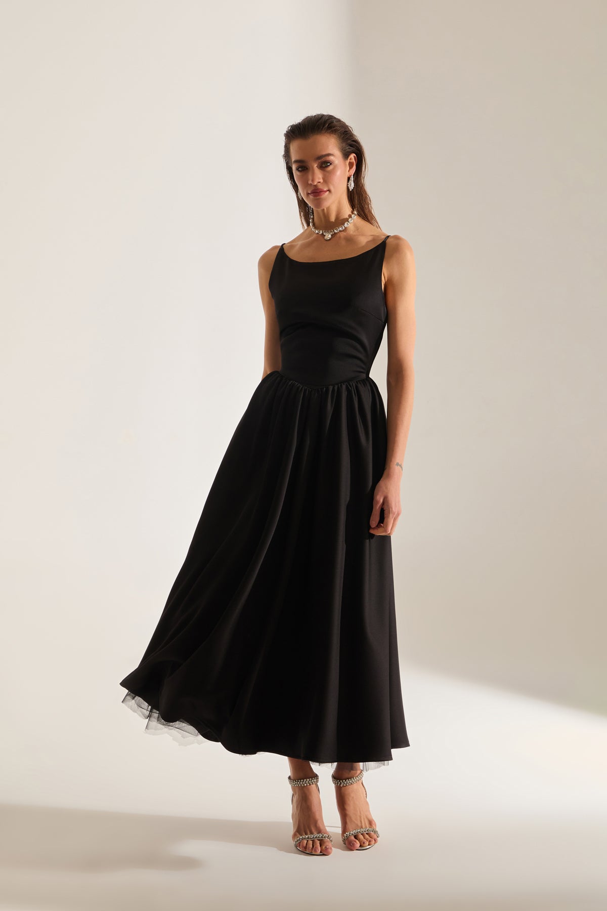 Heaven Pleated Skirt Strap Black Engagement Dress