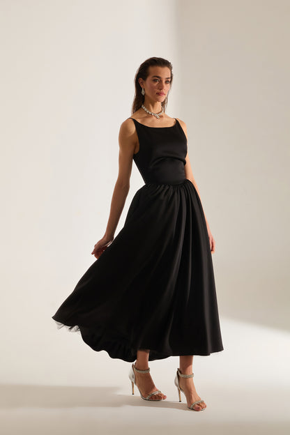 Heaven Pleated Skirt Strap Black Engagement Dress