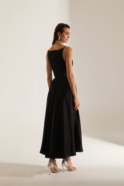 Heaven Pleated Skirt Strap Black Engagement Dress