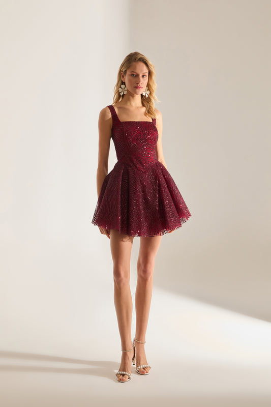 JUSTINA Shiny Strap Dark Red Mini Night Dress