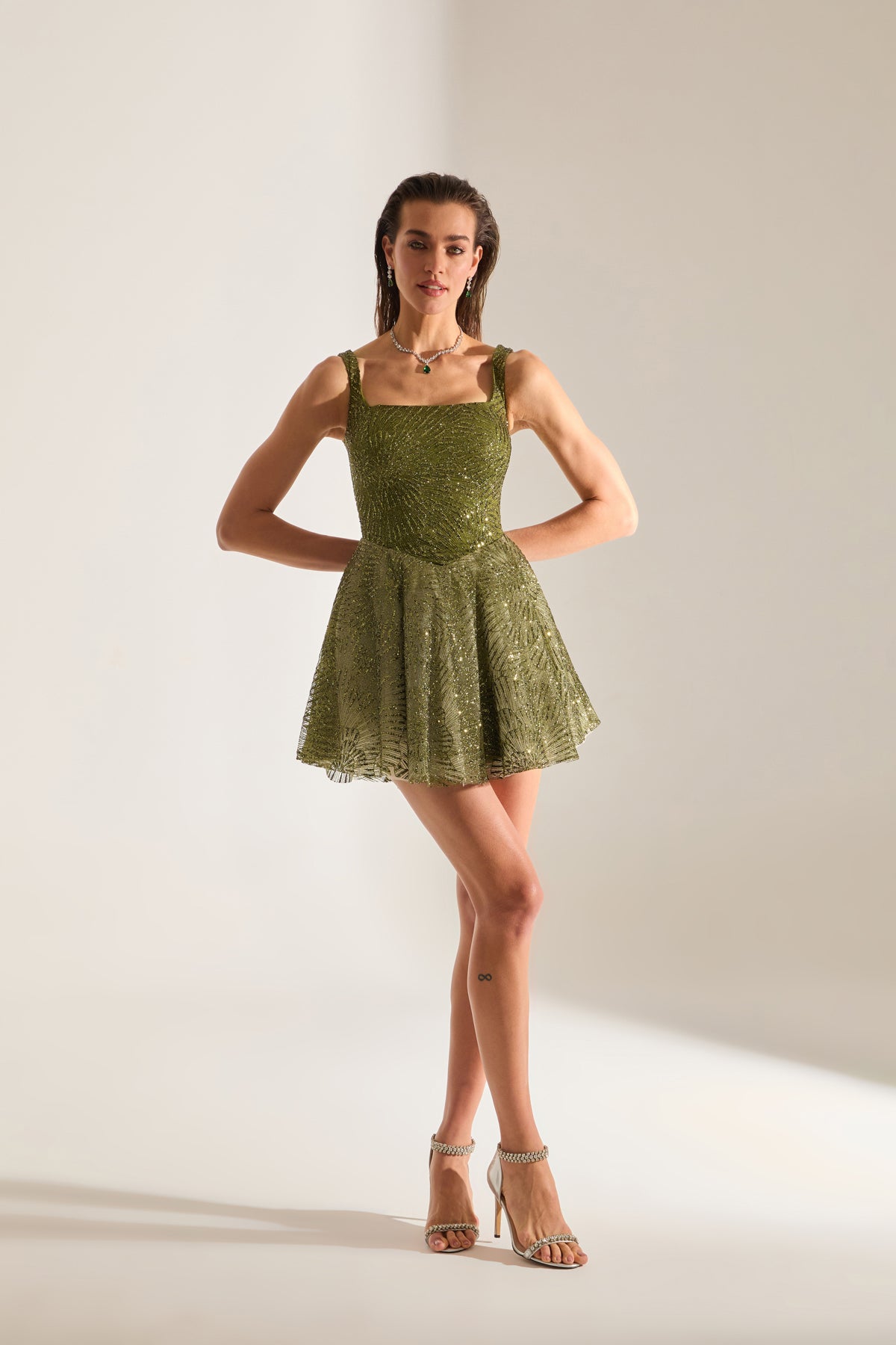 JUSTINA Shiny Strap Olive Mini Night Dress