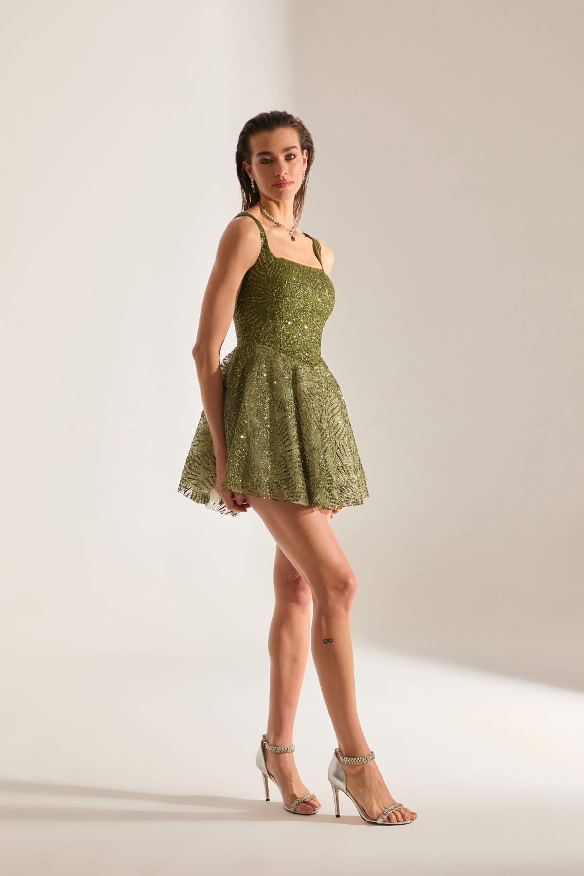 JUSTINA Shiny Strap Olive Mini Night Dress