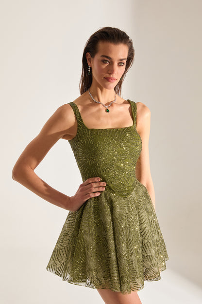 JUSTINA Shiny Strap Olive Mini Night Dress