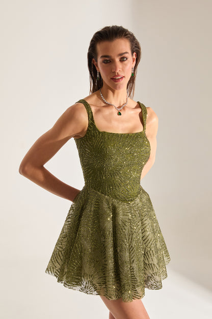 JUSTINA Shiny Strap Olive Mini Night Dress