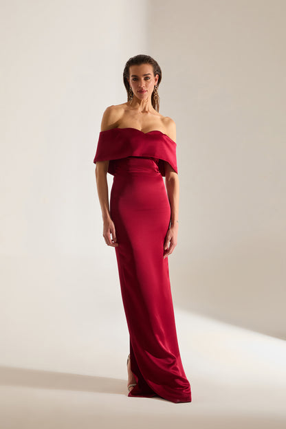 PAMELLA MADONNA YAKA SATIN DARK RED ENGAGEMENT DRESS