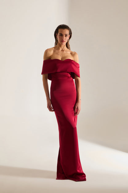 PAMELLA MADONNA YAKA SATIN DARK RED ENGAGEMENT DRESS