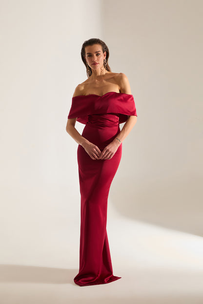 PAMELLA MADONNA YAKA SATIN DARK RED ENGAGEMENT DRESS