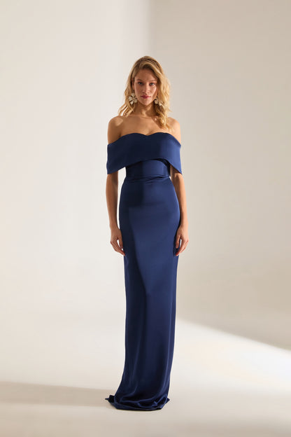 PAMELLA MADONNA SATIN DARK BLUE ENGAGEMENT DRESS