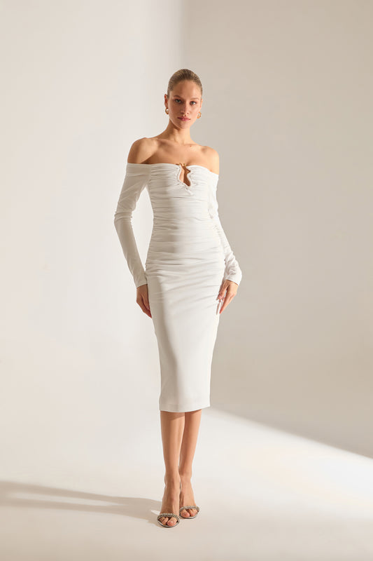 Mathilda Low Shoulder White Midi Dress