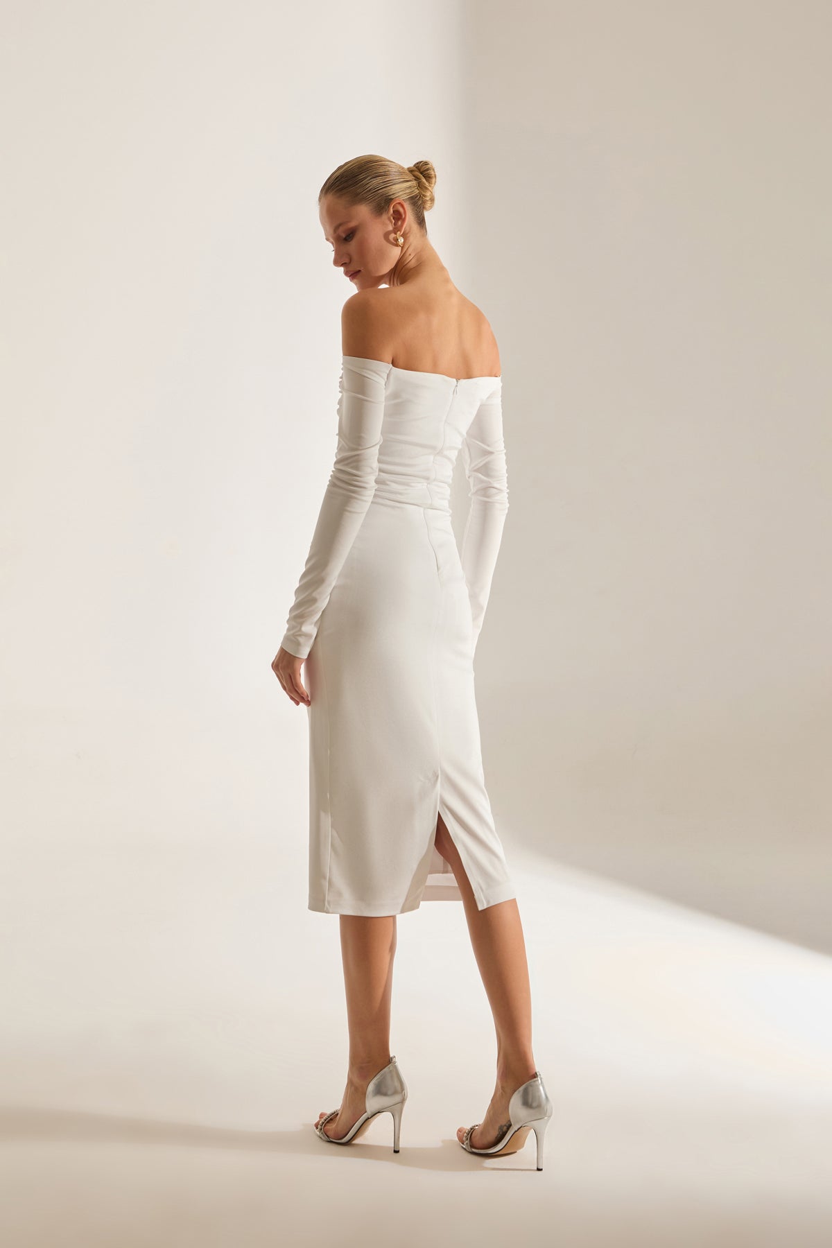 Mathilda Low Shoulder White Midi Dress