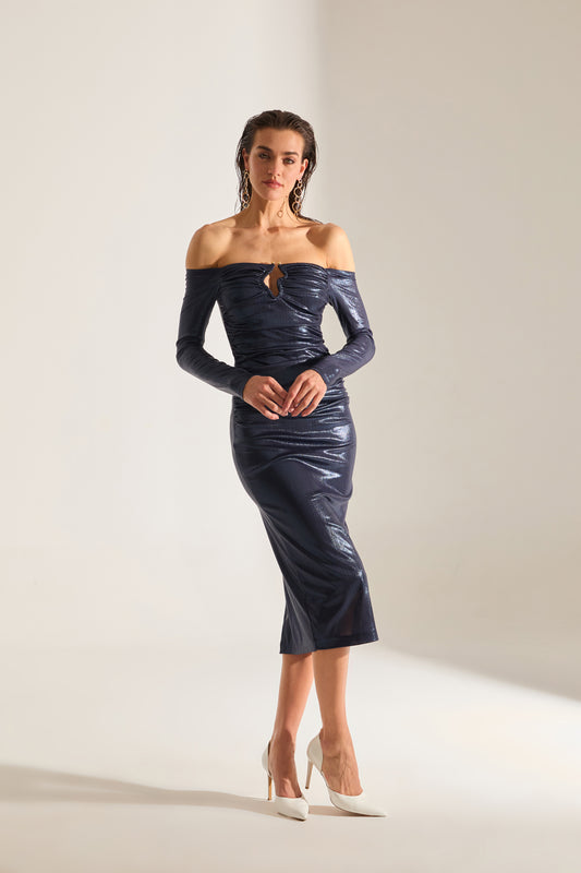 Mathilda Low Shoulder Metallic Dark Blue Midi Dress