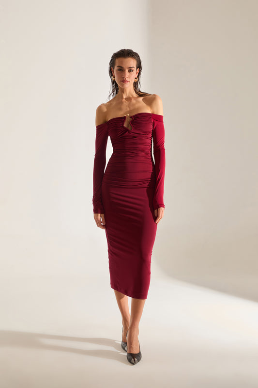 Mathilda Low Shoulder MAROON Midi Dress