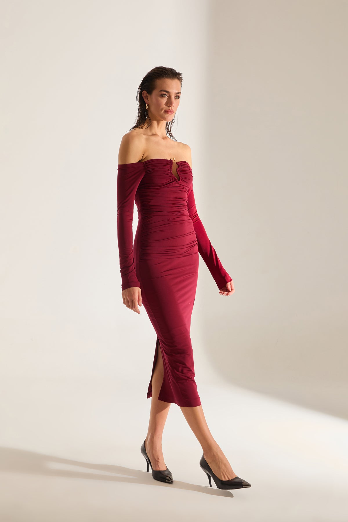 Mathilda Low Shoulder MAROON Midi Dress