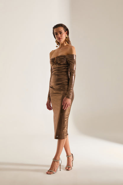 Mathilda Low Shoulder Metallic Bronze Midi Dress