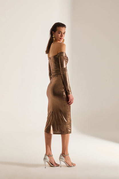 Mathilda Low Shoulder Metallic Bronze Midi Dress