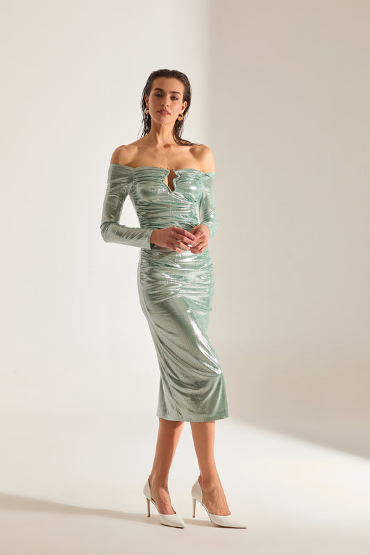 Mathilda Low Shoulder Metallic Water Green Midi Dress