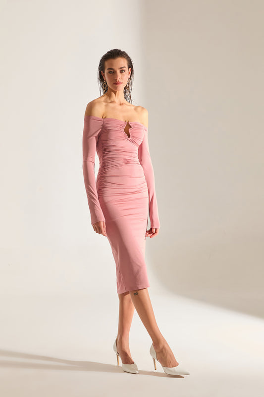 Mathilda Low Shoulder DRY ROSE Midi Dress