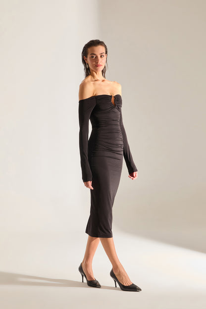 Mathilda Low Shoulder BLACK Midi Dress