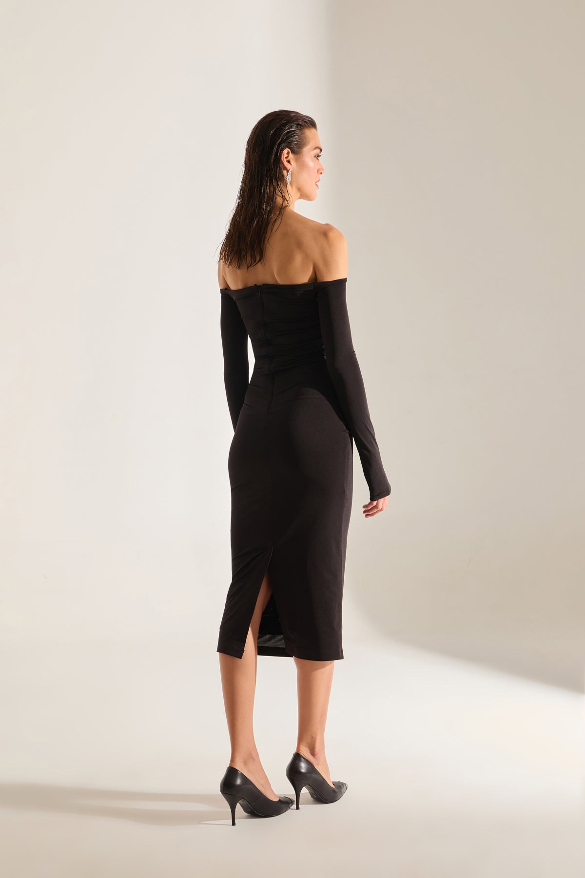 Mathilda Low Shoulder BLACK Midi Dress