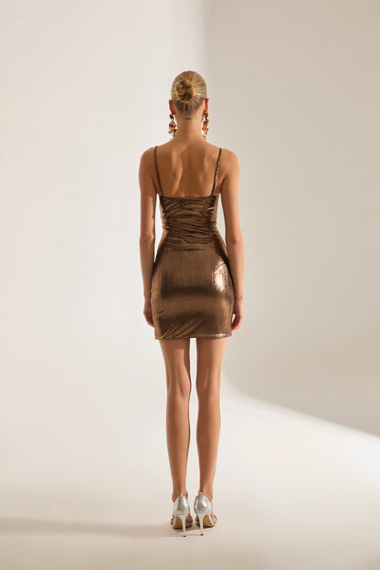 ELARA Träger Metallisch Bronze Mini Kleid