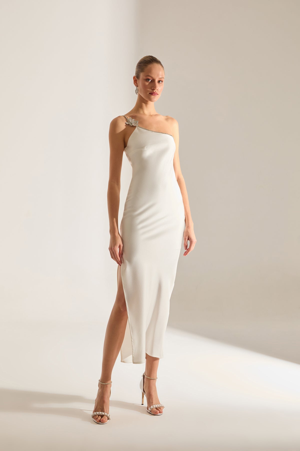 Isabella One Shoulder Stone Detail Satin White Evening Dress