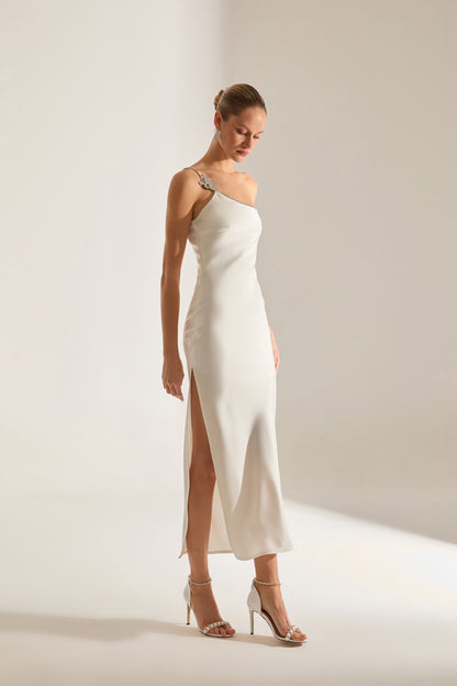 Isabella One Shoulder Stone Detail Satin White Evening Dress