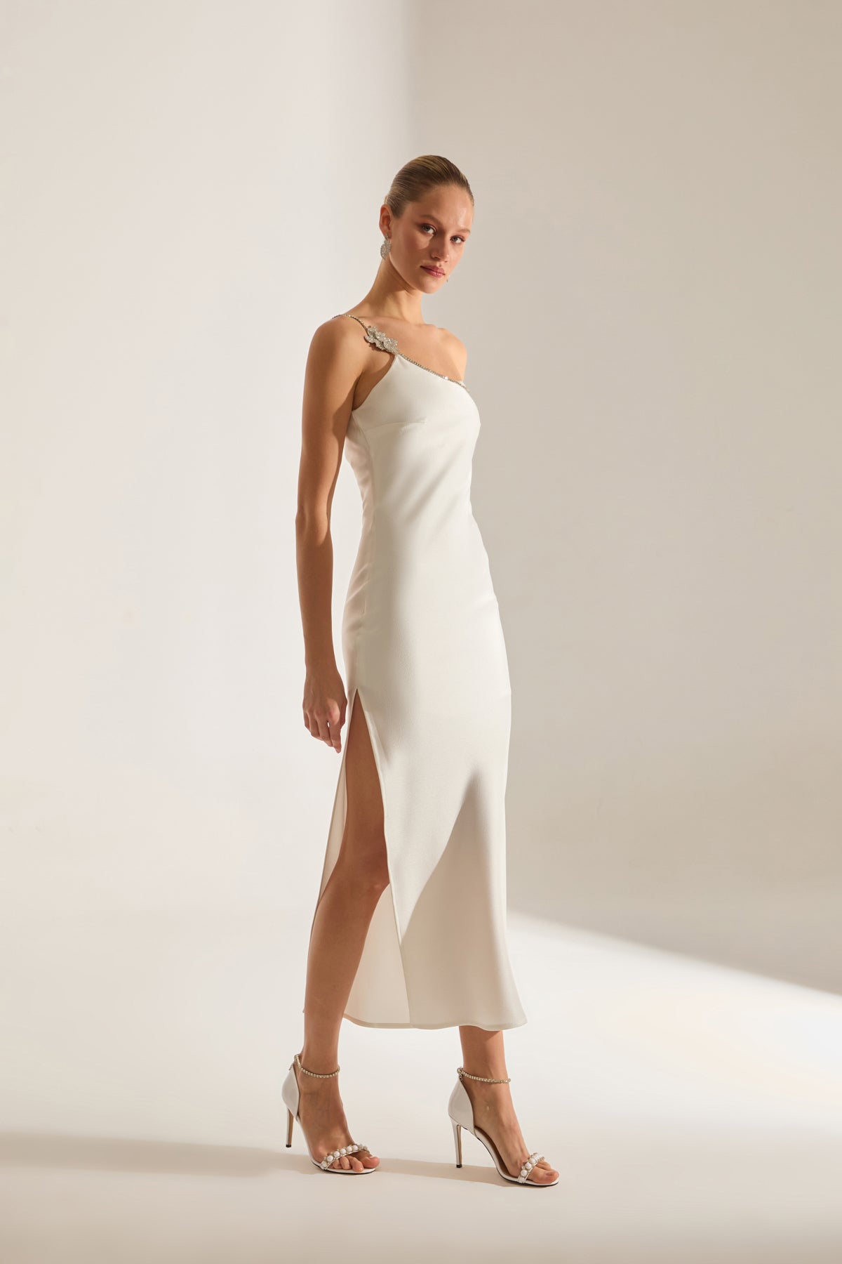 Isabella One Shoulder Stone Detail Satin White Evening Dress