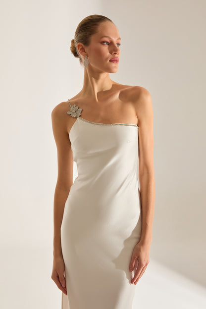 Isabella One Shoulder Stone Detail Satin White Evening Dress