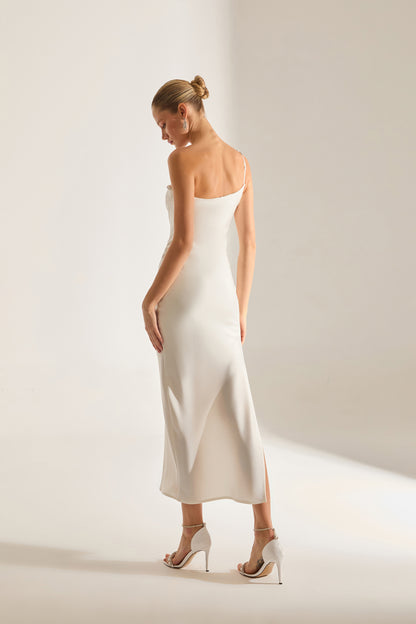 Isabella One Shoulder Stone Detail Satin White Evening Dress