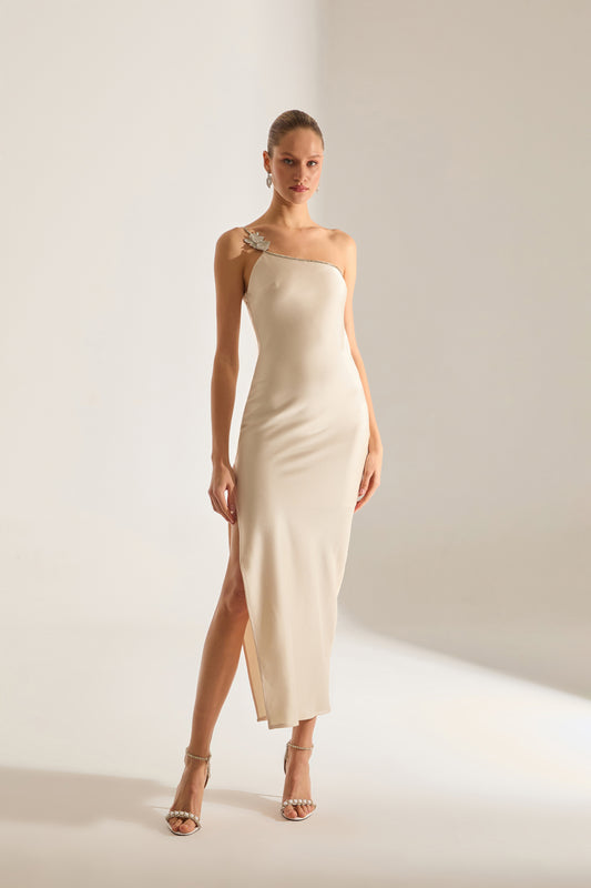 Isabella One Shoulder Stone Detail Ecru Evening Dress