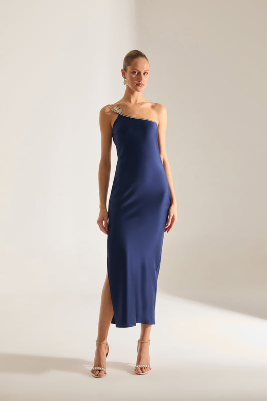 Isabella One Shoulder Stone Detail Satin Dark Blue Evening Dress