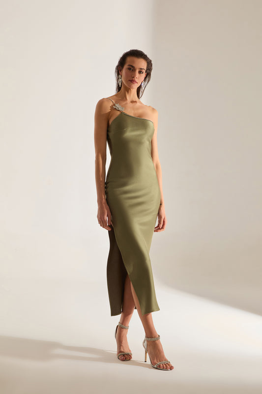 Isabella Ein-Schulter Stein-Detail Khaki Abendkleid