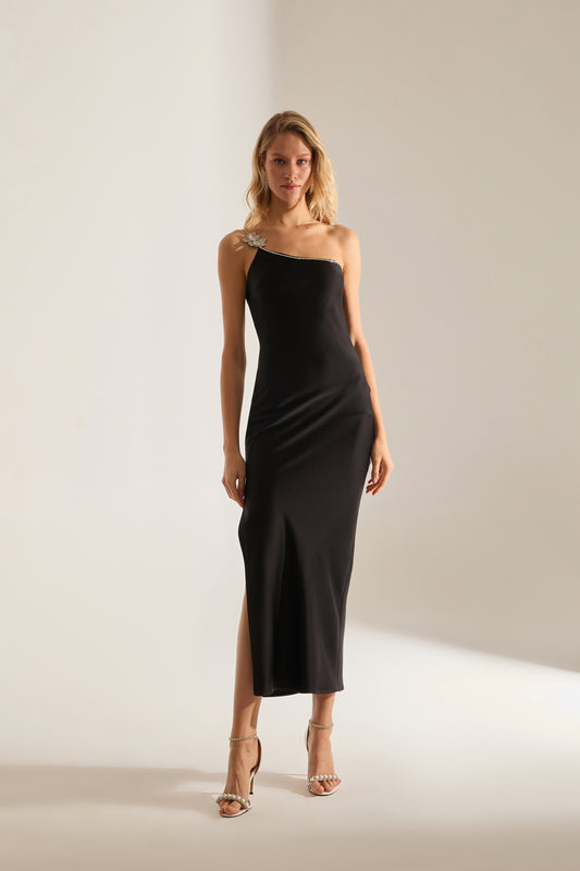 Isabella One Shoulder Stone Detail Satin Black Evening Dress