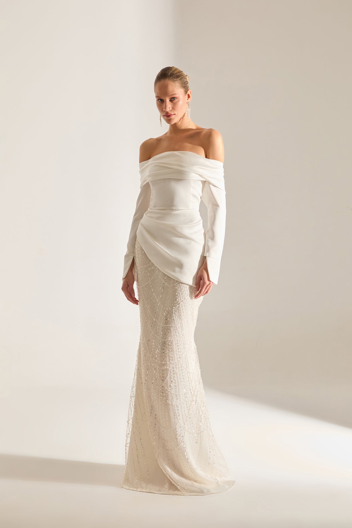 Lavine Stone Embellished Off-Shoulder White Wedding Dress