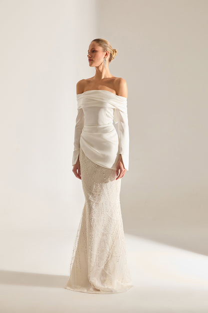 Robe de Mariage Blanche à Épaules Dénudées avec Détails en Pierre Taillée Lavine