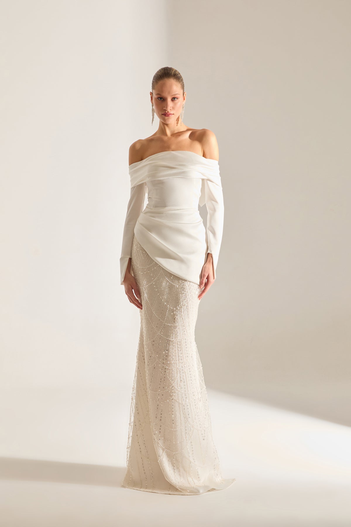 Lavine Stone Embellished Off-Shoulder White Wedding Dress