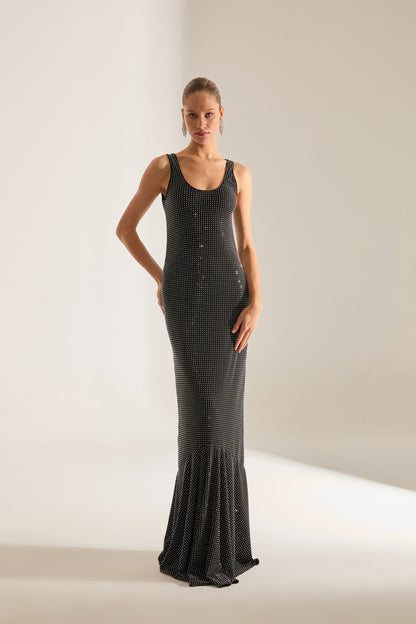 LUELLA SILVER STONE EMBELLISHED MAXI EVENING DRESS