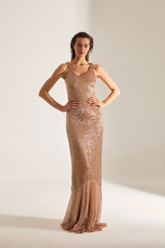 LUELLA BEADED GOLD EVENING DRESS