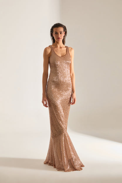 LUELLA BEADED GOLD EVENING DRESS