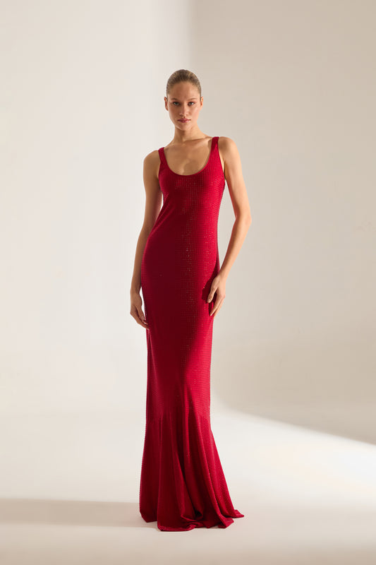 LUELLA STONE EMBELLISHED RED MAXI EVENING DRESS