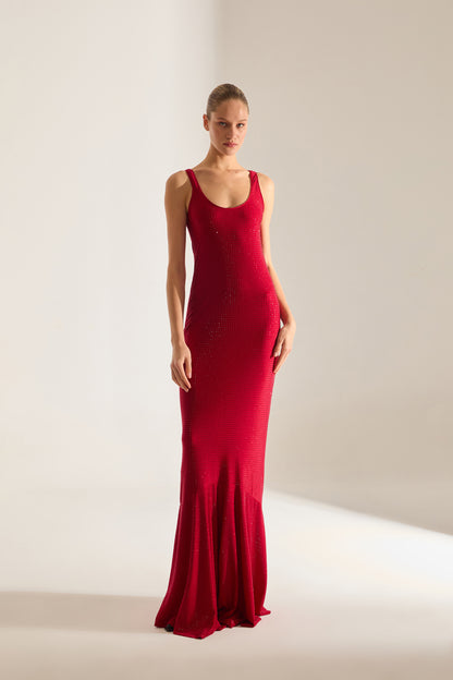 LUELLA STONE EMBELLISHED RED MAXI EVENING DRESS