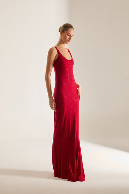 LUELLA STONE EMBELLISHED RED MAXI EVENING DRESS