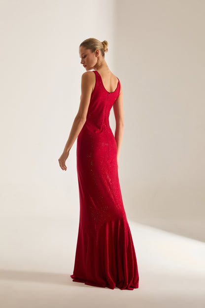 LUELLA STONE EMBELLISHED RED MAXI EVENING DRESS