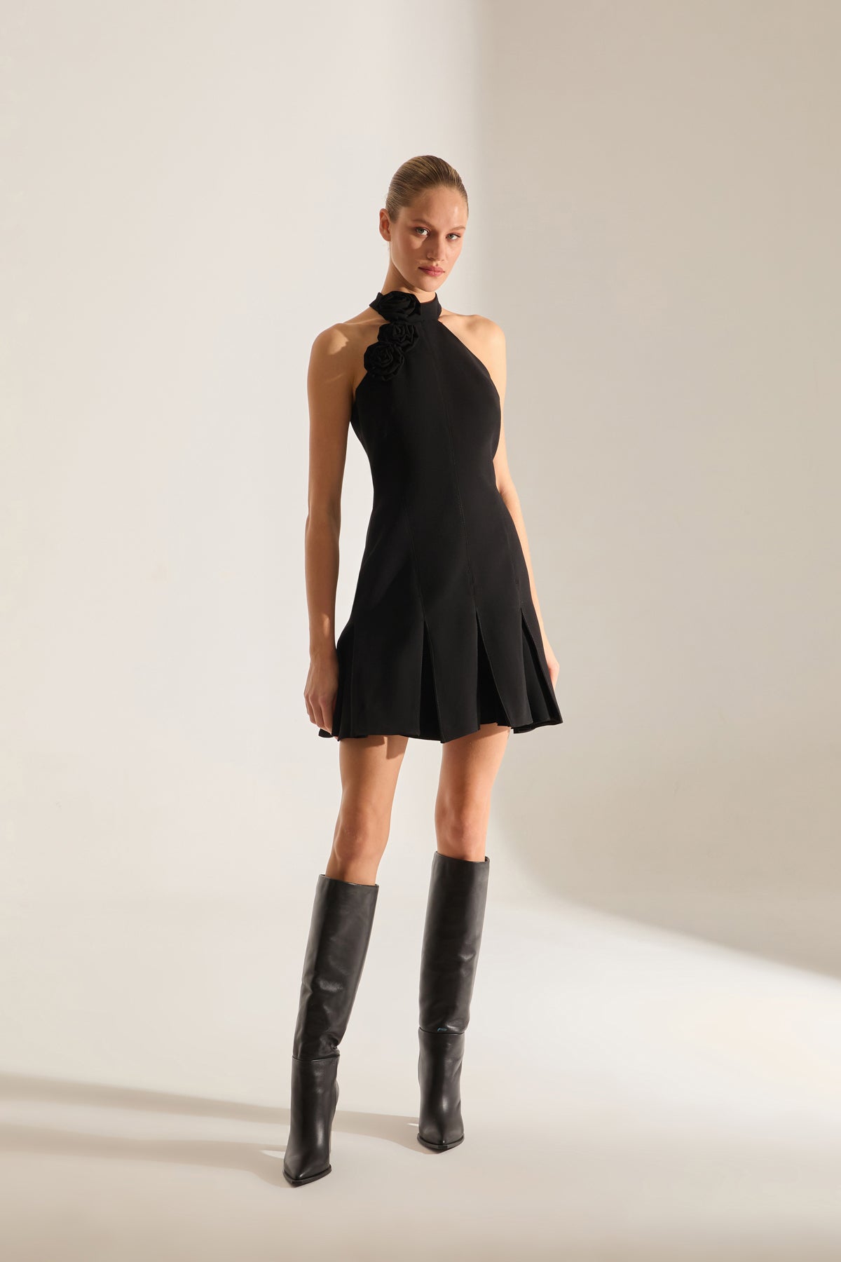 SANTE ROSE DETAILED RUFFLED BLACK MINI DRESS