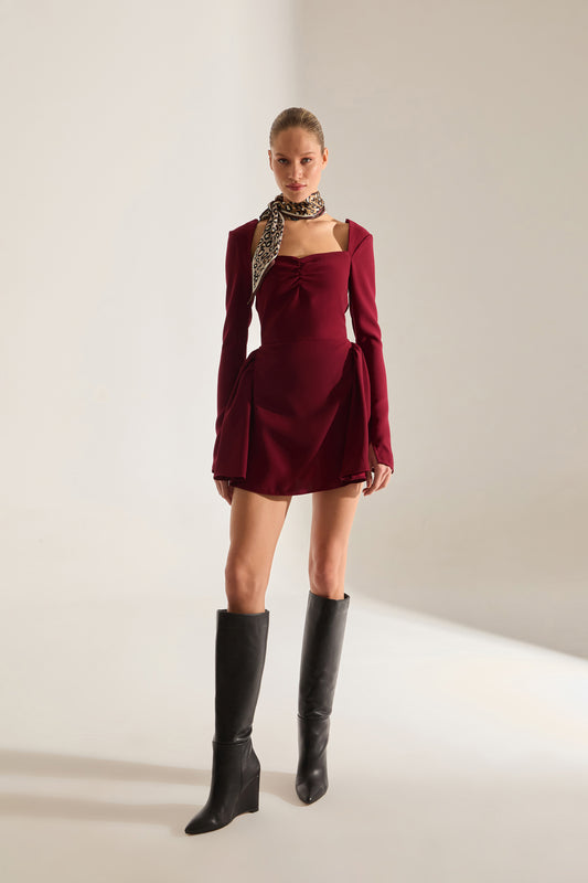 MONACO DARK RED MINI LONG SLEEVE DRESS