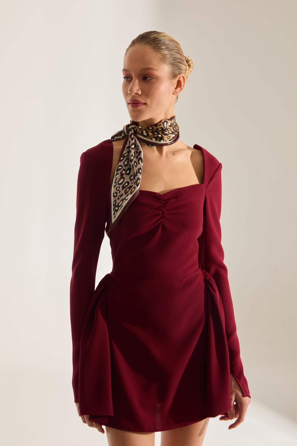 MONACO DARK RED MINI LONG SLEEVE DRESS