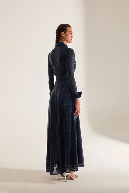 ARLON PAYET CROSS NECK DARK BLUE EVENING DRESS